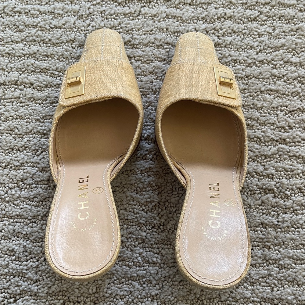 CHANEL Women's Beige Mules with Gold Buckle